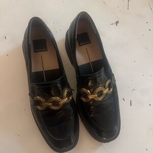 Dolce Vita Glossy Black Loafers with Gold Accent